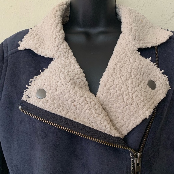 Leith Blue Faux Suede Sherpa Trim Moto Zip Jacket - Picture 7 of 15